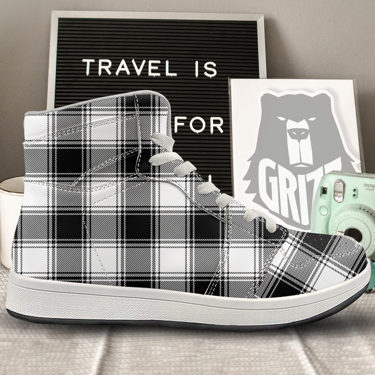 Border Tartan White And Black Print Pattern High Top Sneakers-grizzshop