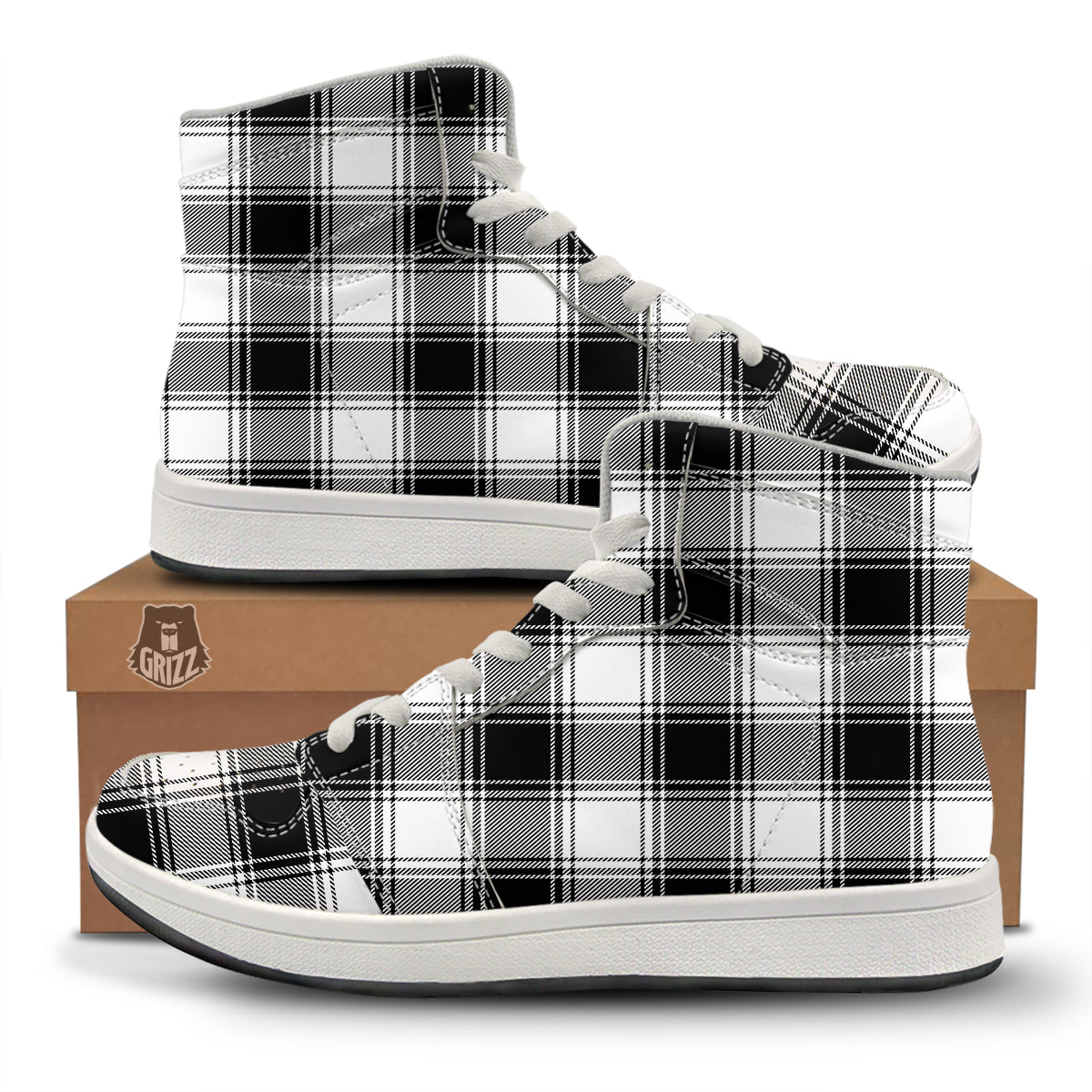 Border Tartan White And Black Print Pattern High Top Sneakers-grizzshop