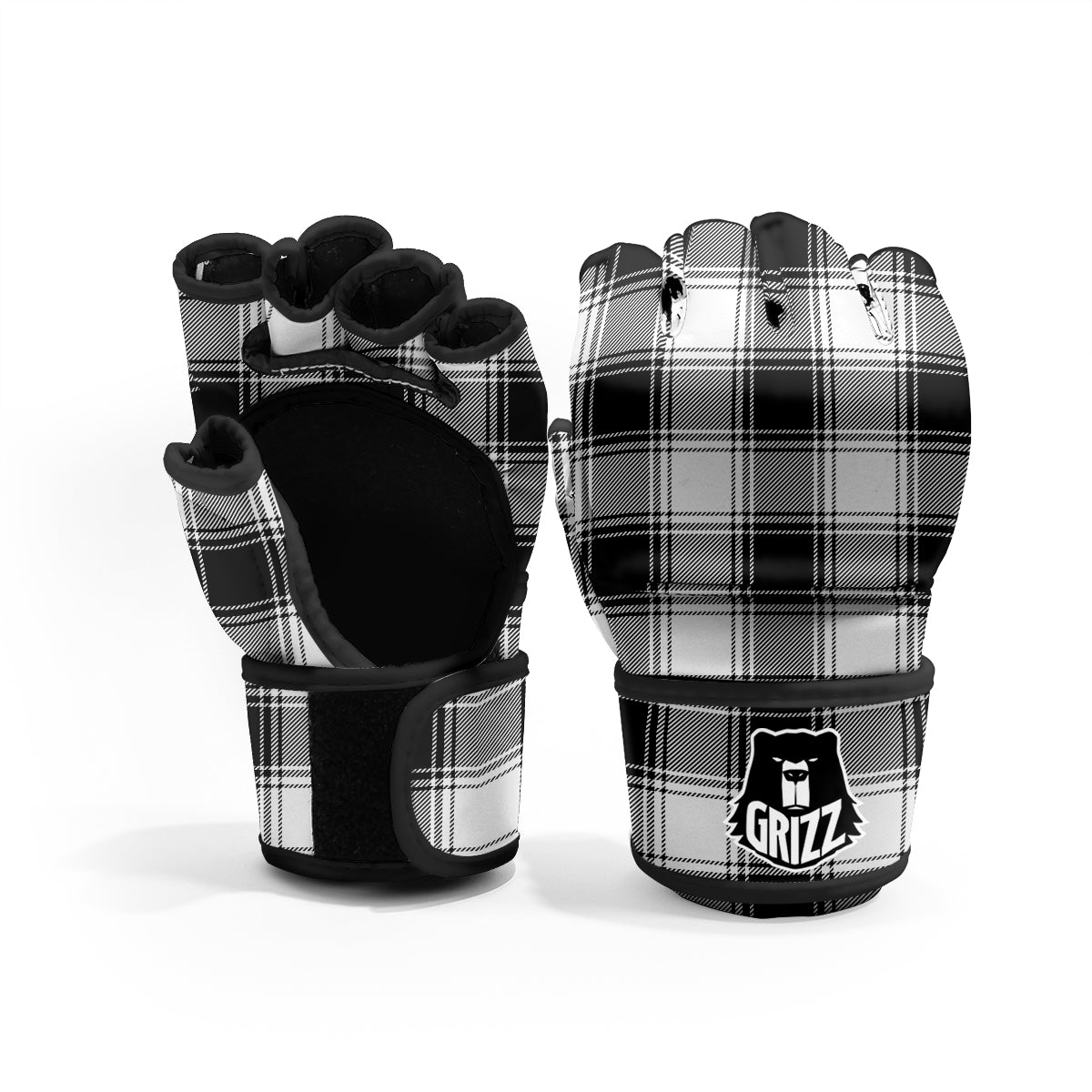 Border Tartan White And Black Print Pattern MMA Gloves-grizzshop
