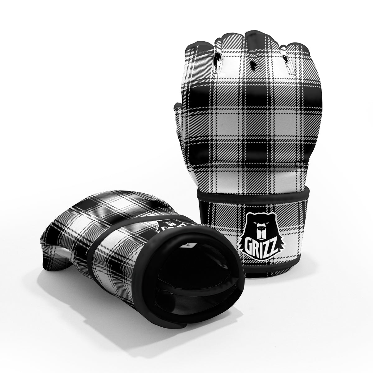 Border Tartan White And Black Print Pattern MMA Gloves-grizzshop