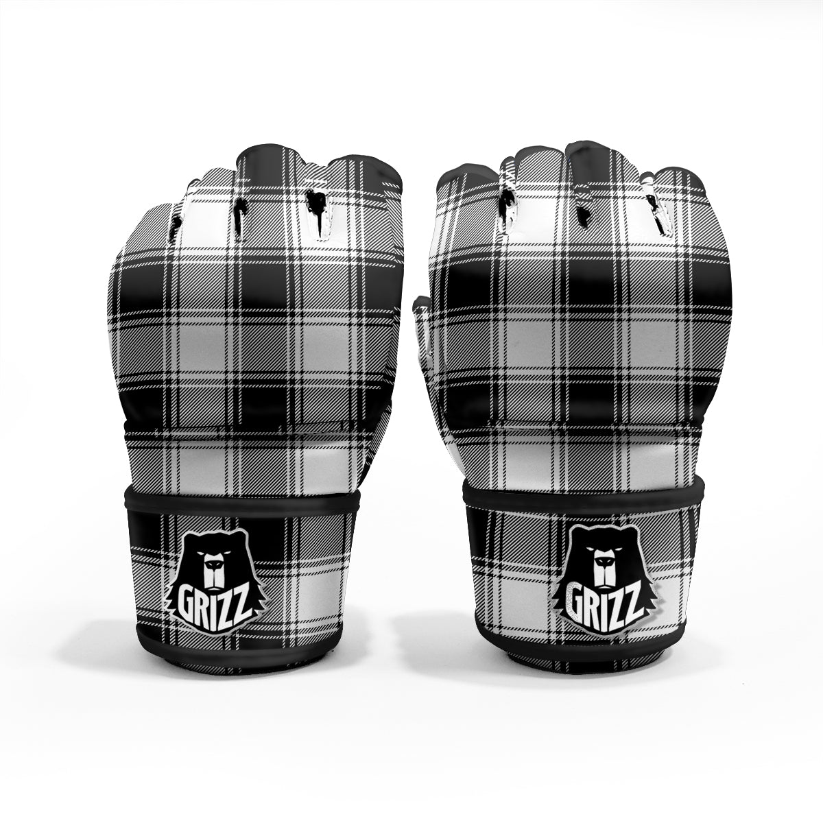 Border Tartan White And Black Print Pattern MMA Gloves-grizzshop