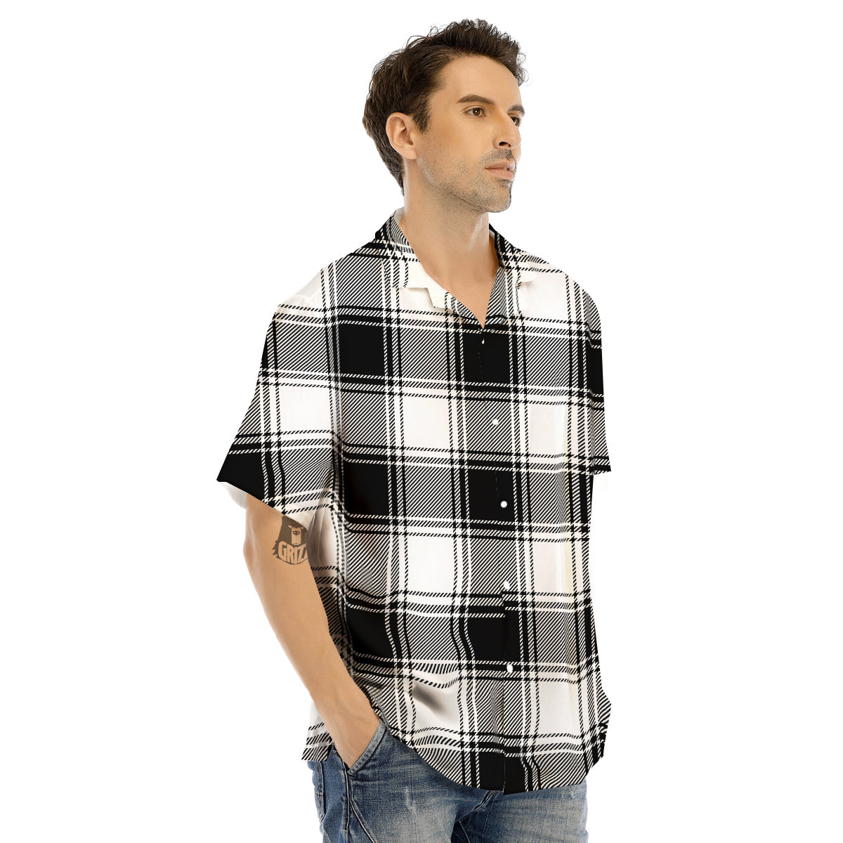 Border Tartan White And Black Print Pattern Men's Hawaiian Shirt-grizzshop