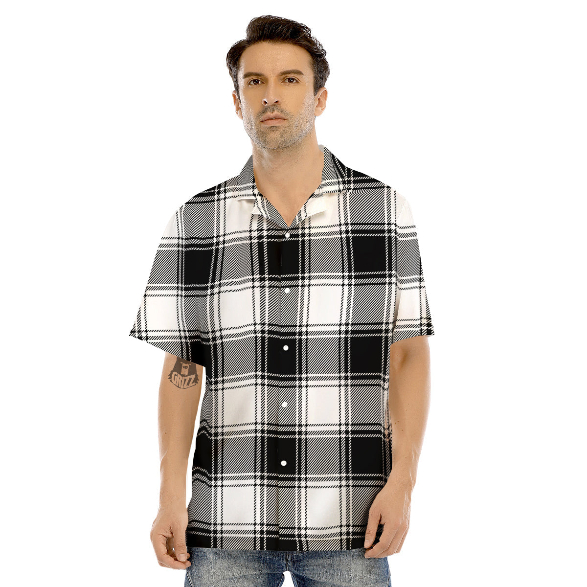 Border Tartan White And Black Print Pattern Men's Hawaiian Shirt-grizzshop