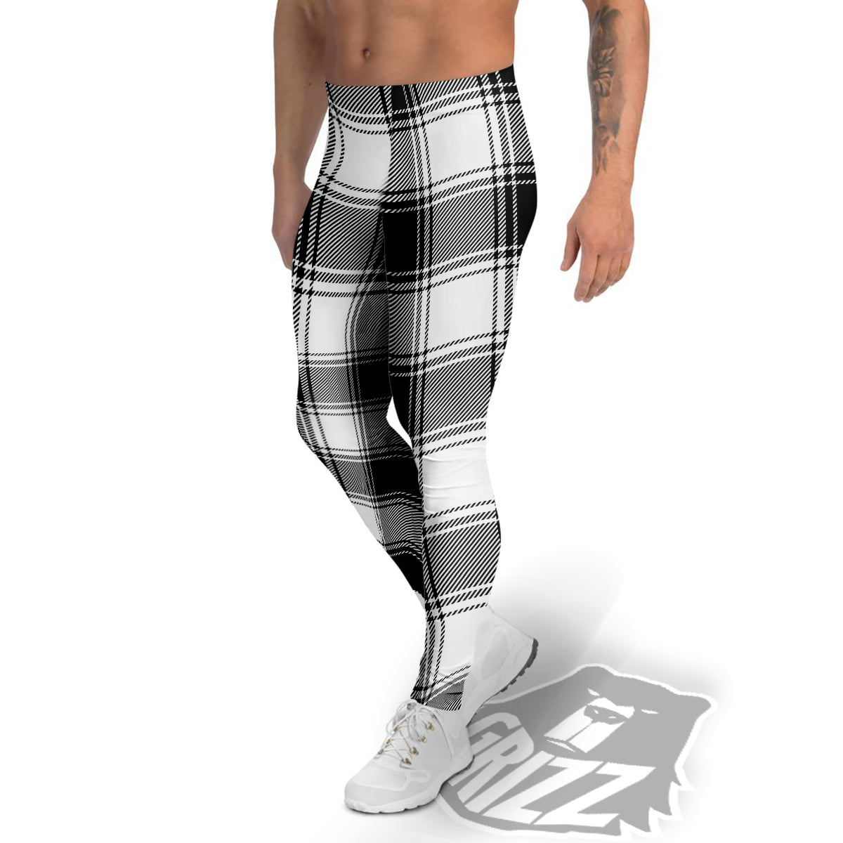 Border Tartan White And Black Print Pattern Men's Leggings-grizzshop
