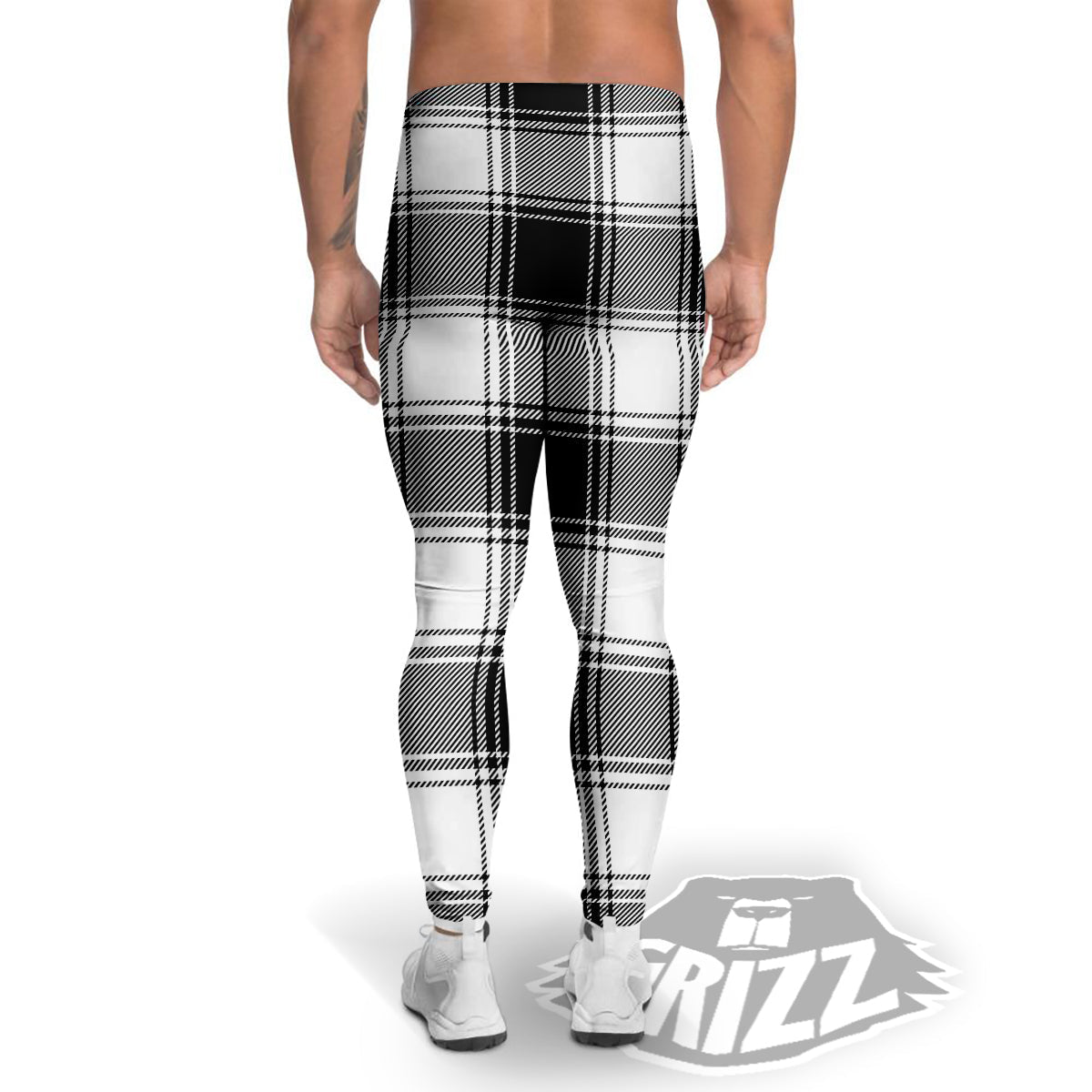 Border Tartan White And Black Print Pattern Men's Leggings-grizzshop