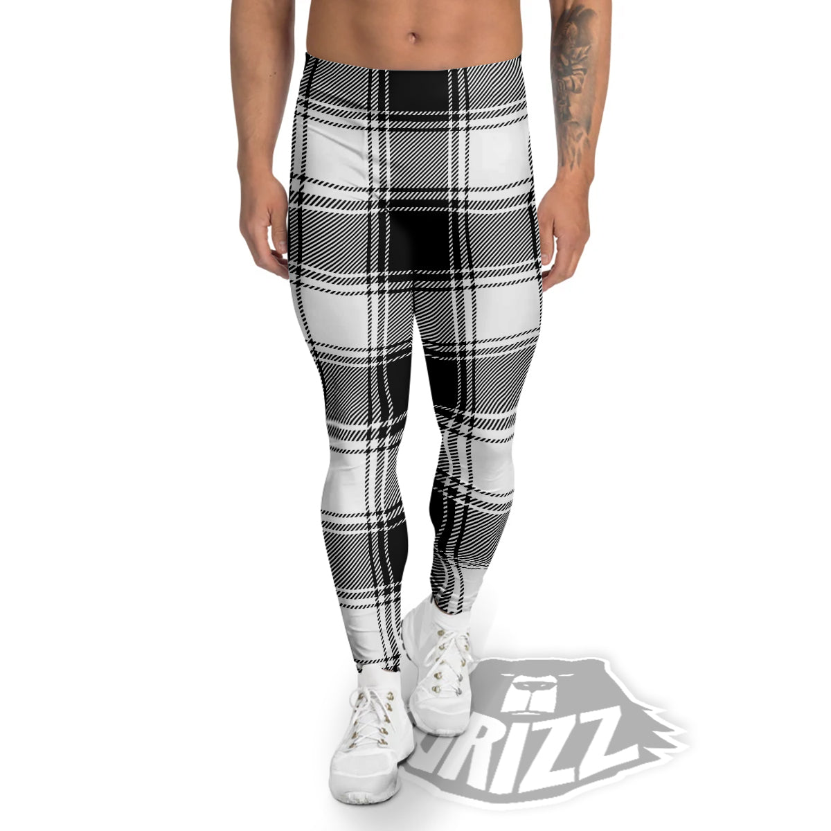 Border Tartan White And Black Print Pattern Men's Leggings-grizzshop