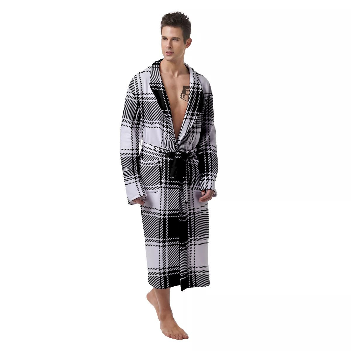 Border Tartan White And Black Print Pattern Men's Robe-grizzshop