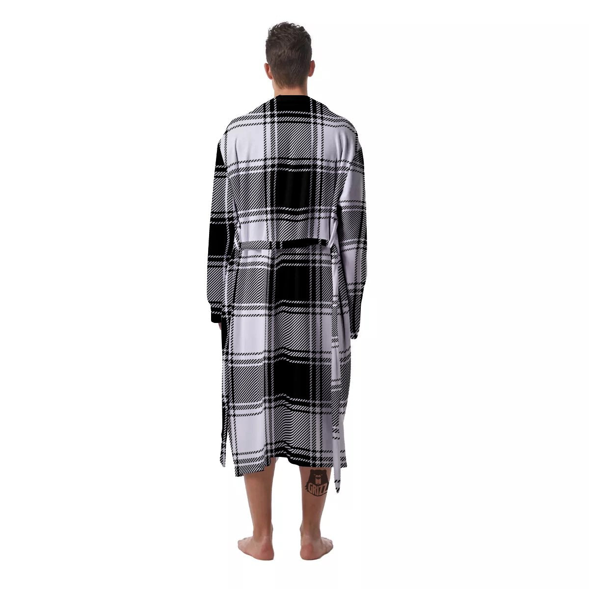Border Tartan White And Black Print Pattern Men's Robe-grizzshop