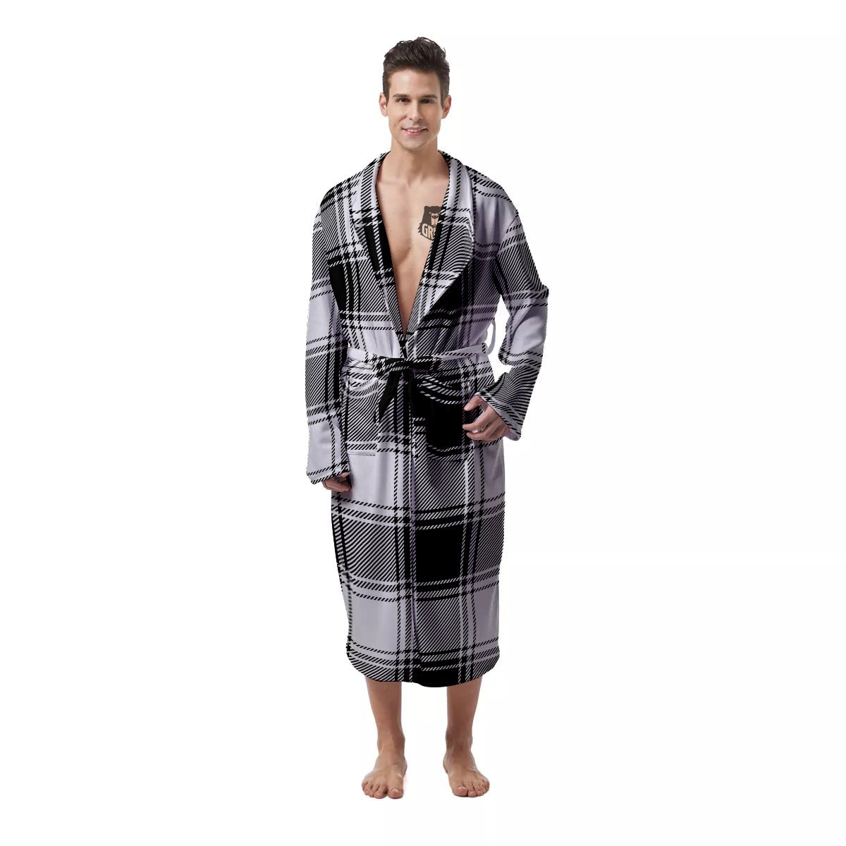 Border Tartan White And Black Print Pattern Men's Robe-grizzshop