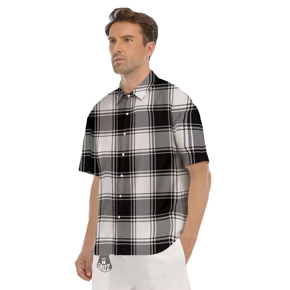 Border Tartan White And Black Print Pattern Men's Short Sleeve Shirts-grizzshop