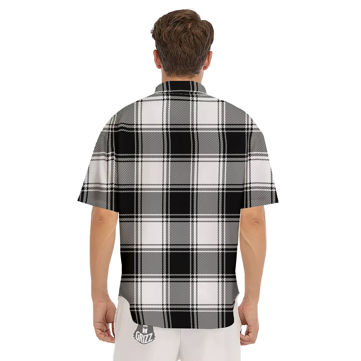 Border Tartan White And Black Print Pattern Men's Short Sleeve Shirts-grizzshop