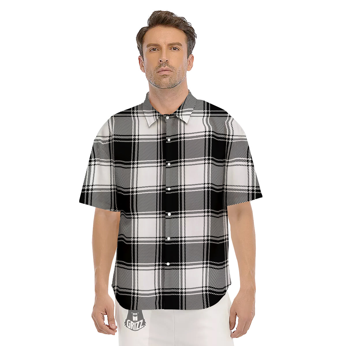 Border Tartan White And Black Print Pattern Men's Short Sleeve Shirts-grizzshop