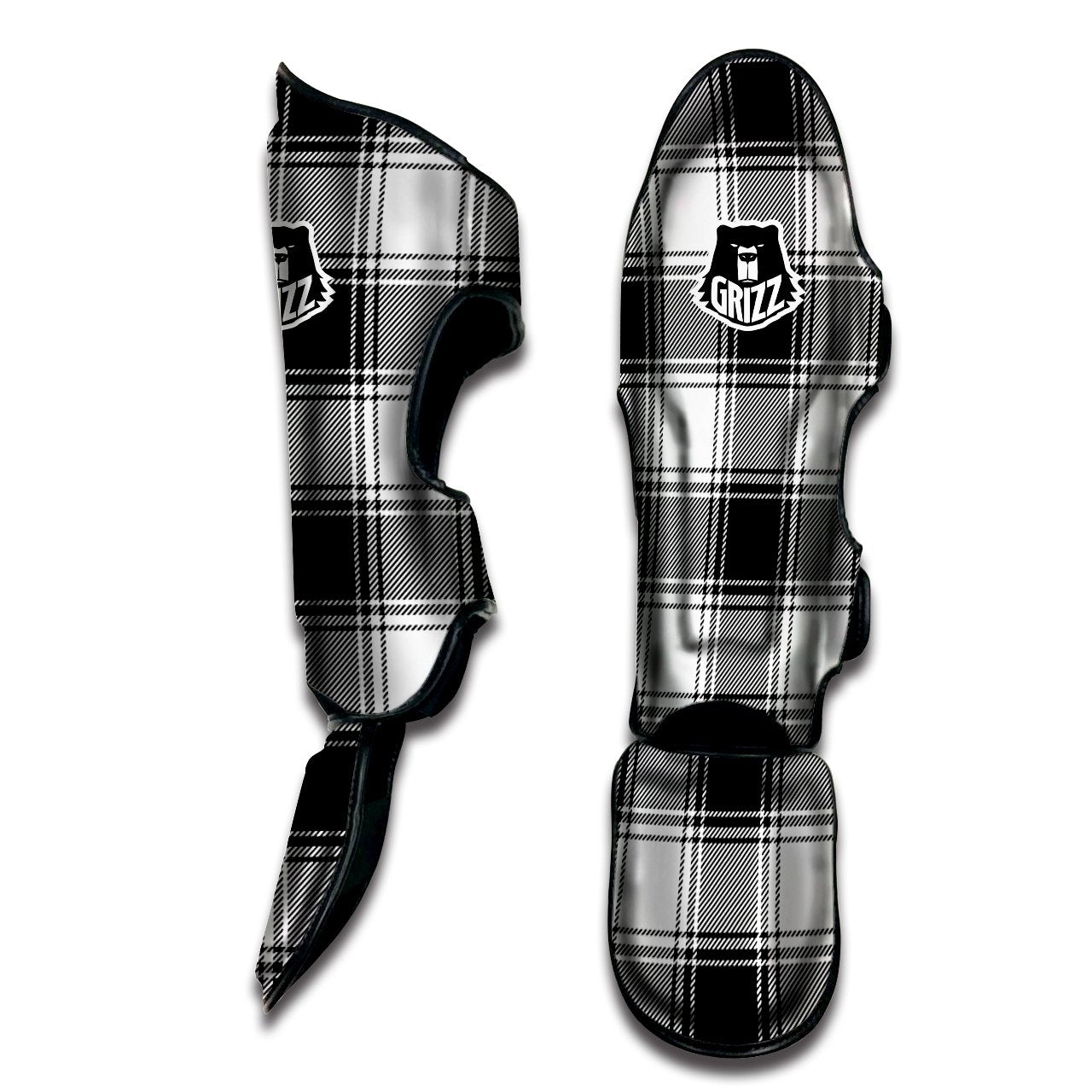 Border Tartan White And Black Print Pattern Muay Thai Shin Guards-grizzshop