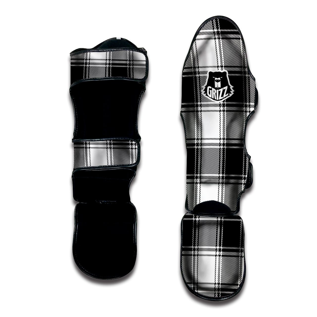 Border Tartan White And Black Print Pattern Muay Thai Shin Guards-grizzshop