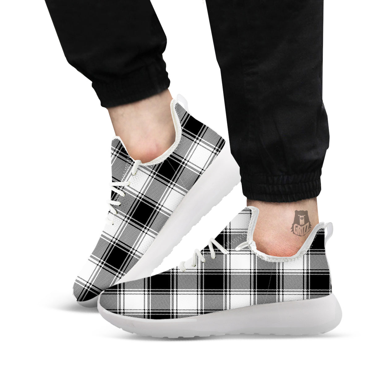 Border Tartan White And Black Print Pattern White Athletic Shoes-grizzshop