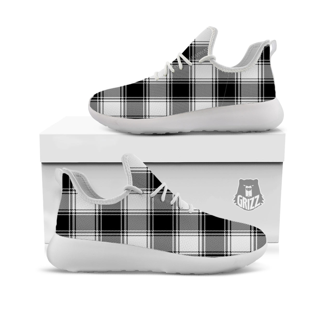 Border Tartan White And Black Print Pattern White Athletic Shoes-grizzshop