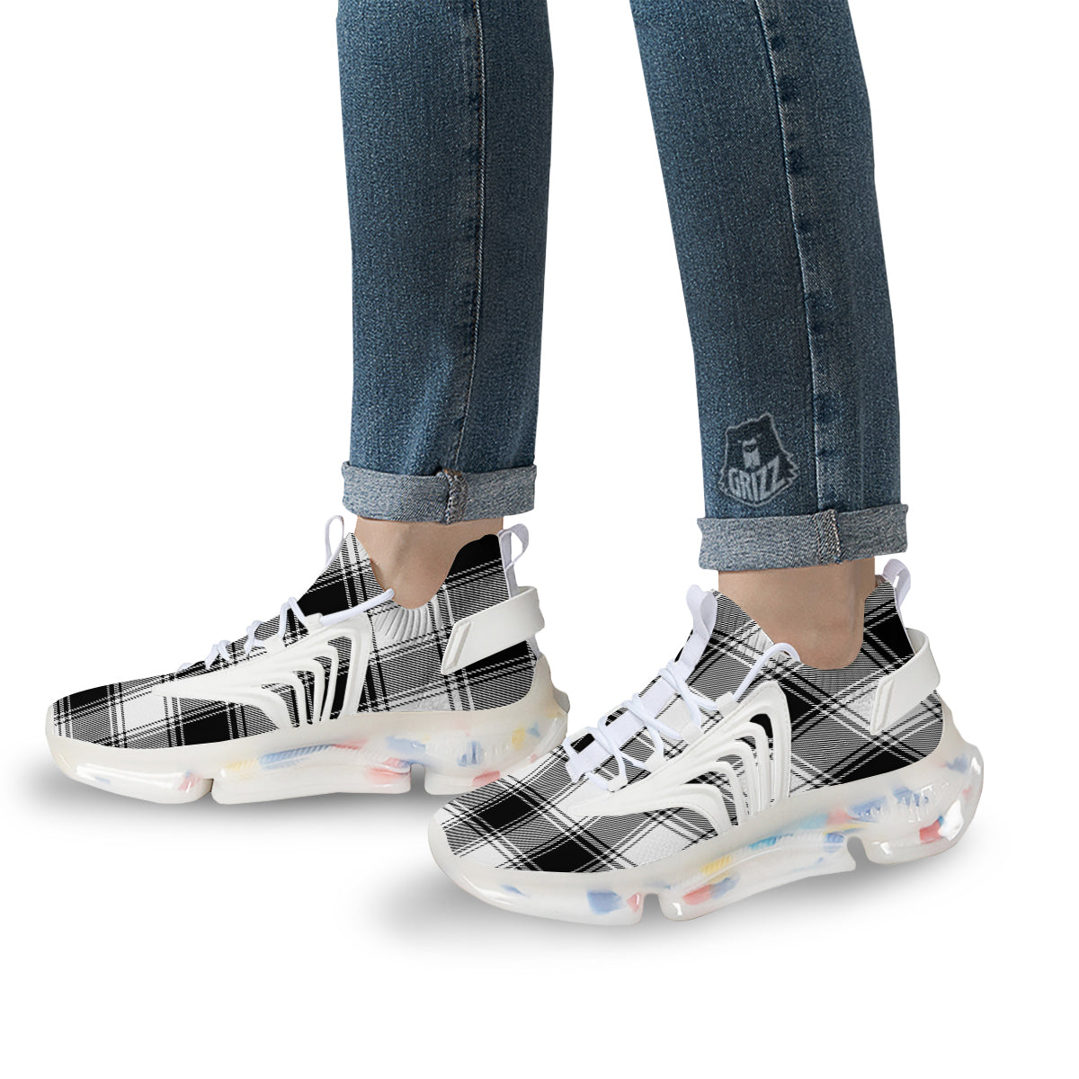 Border Tartan White And Black Print Pattern White Gym Shoes-grizzshop
