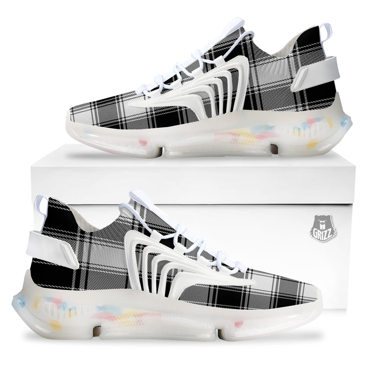 Border Tartan White And Black Print Pattern White Gym Shoes-grizzshop