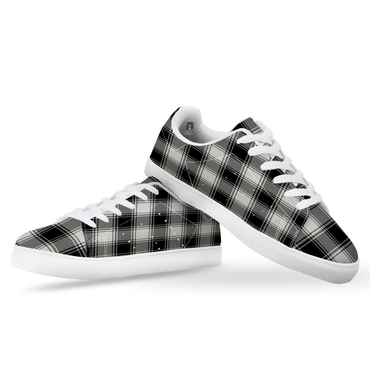 Border Tartan White And Black Print Pattern White Low Top Sneakers-grizzshop
