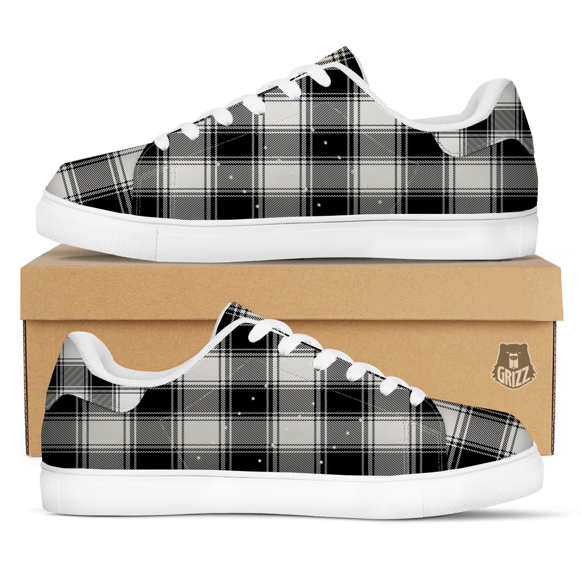 Border Tartan White And Black Print Pattern White Low Top Sneakers-grizzshop