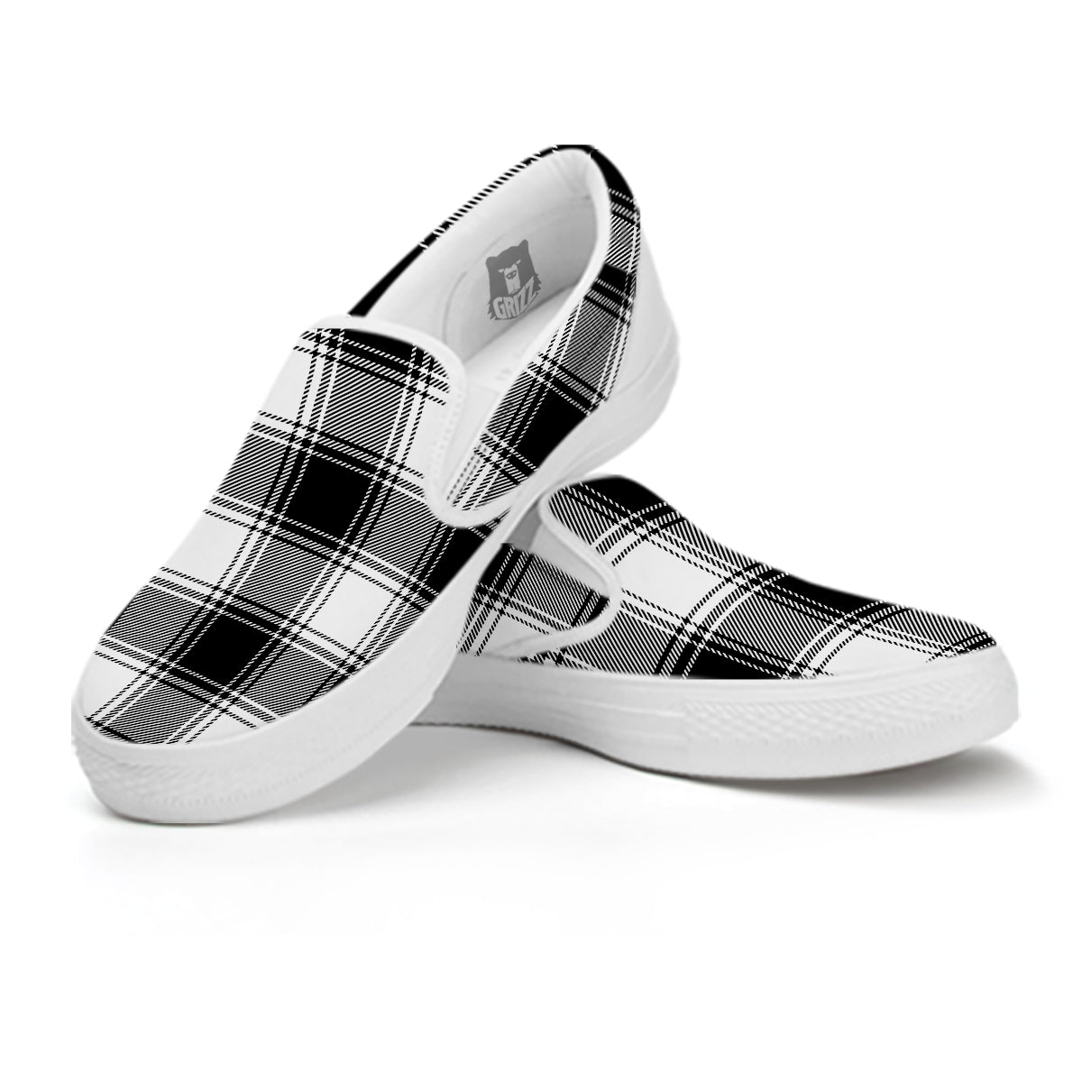 Border Tartan White And Black Print Pattern White Slip On Shoes-grizzshop