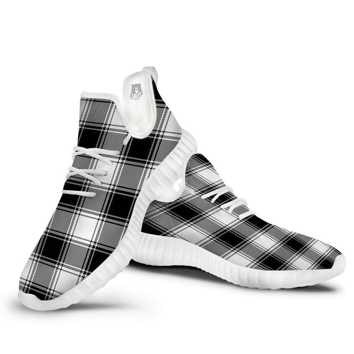 Border Tartan White And Black Print Pattern White Walking Shoes-grizzshop