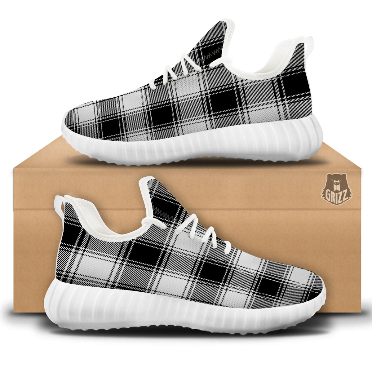 Border Tartan White And Black Print Pattern White Walking Shoes-grizzshop