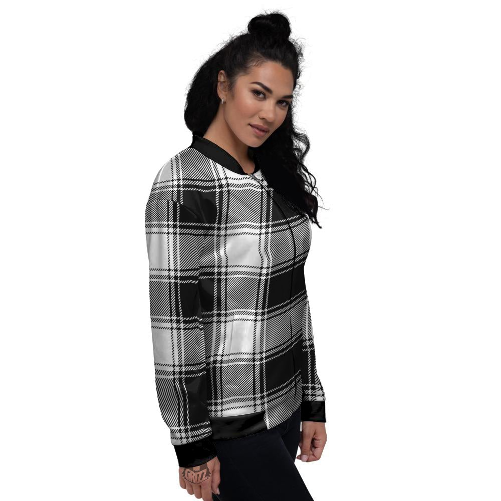 Border Tartan White And Black Print Pattern Women's Bomber Jacket-grizzshop
