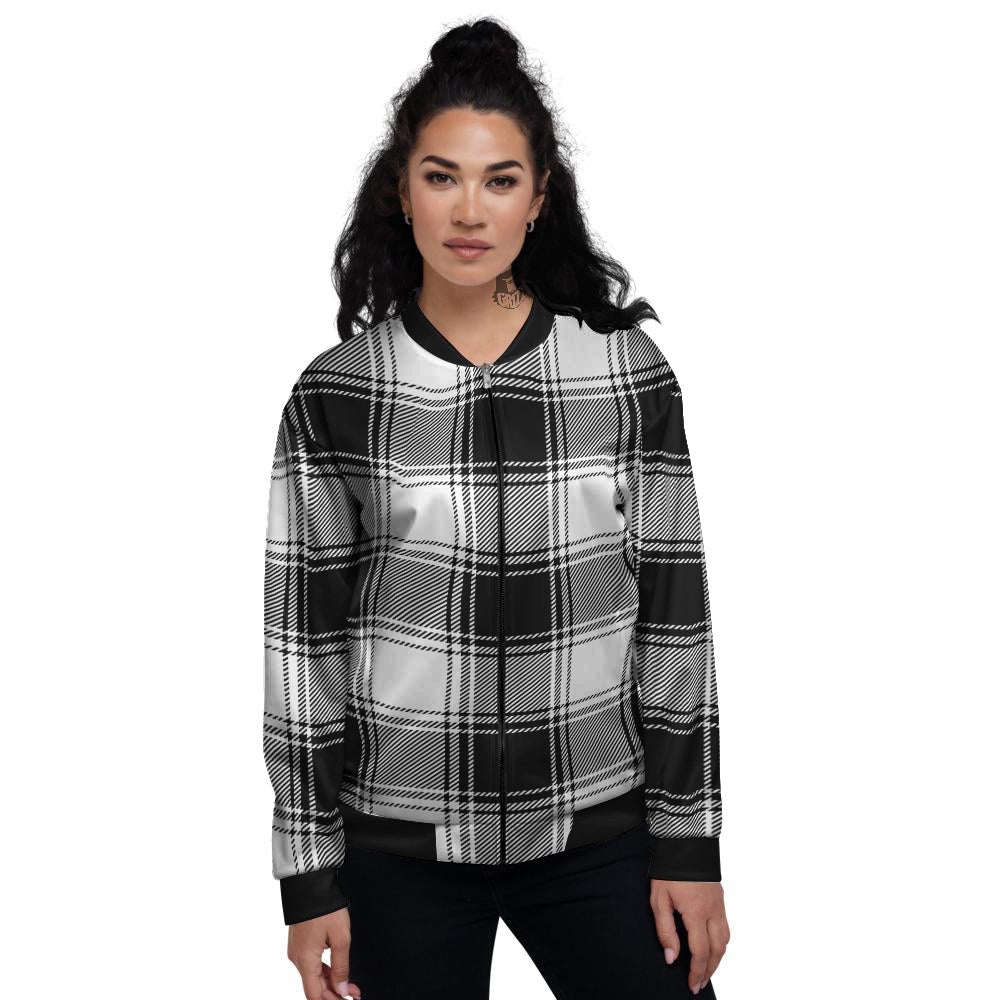 Border Tartan White And Black Print Pattern Women's Bomber Jacket-grizzshop