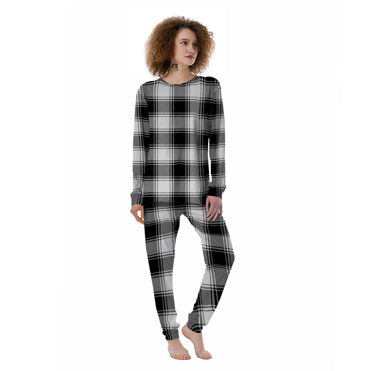 Border Tartan White And Black Print Pattern Women's Pajamas-grizzshop