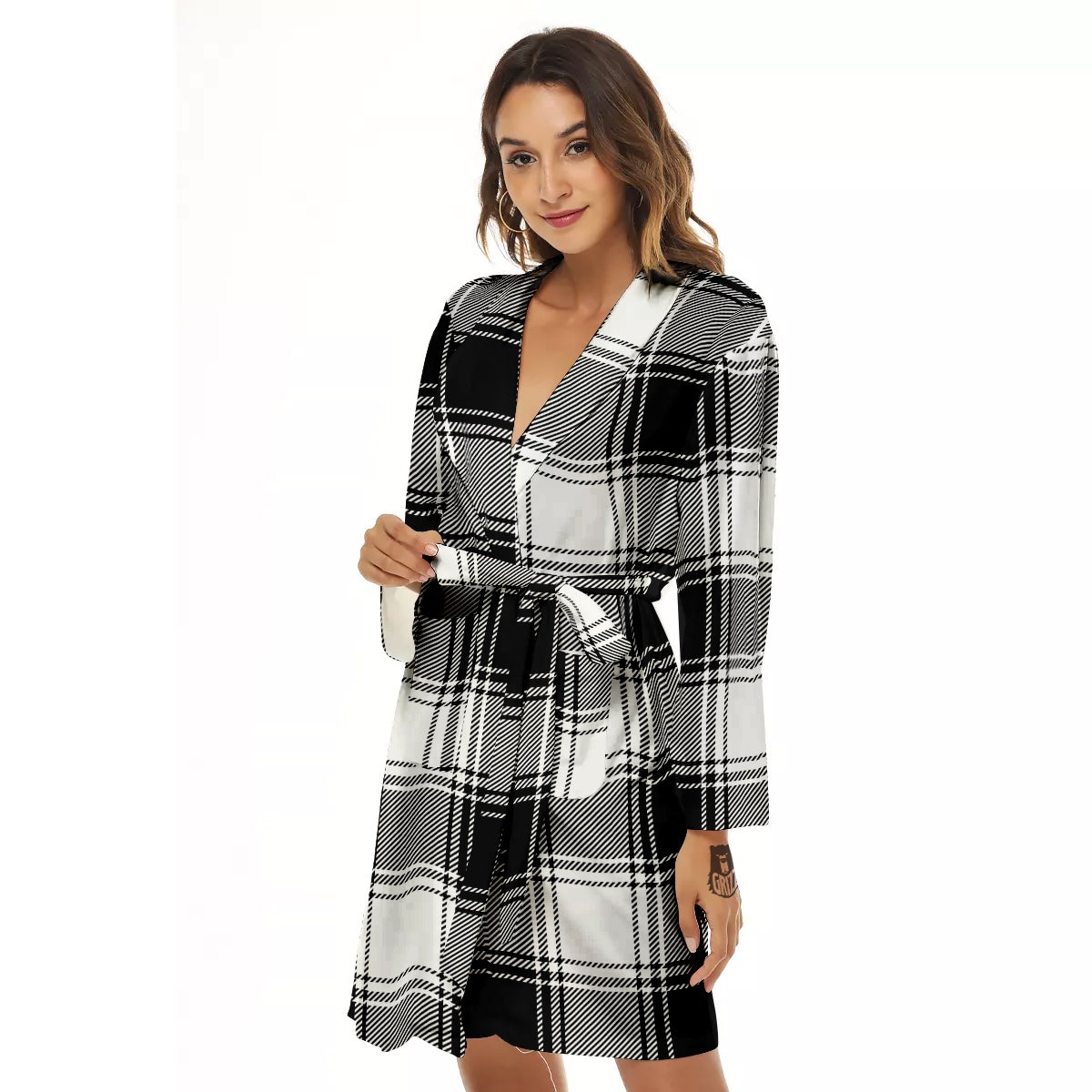Border Tartan White And Black Print Pattern Women's Robe-grizzshop