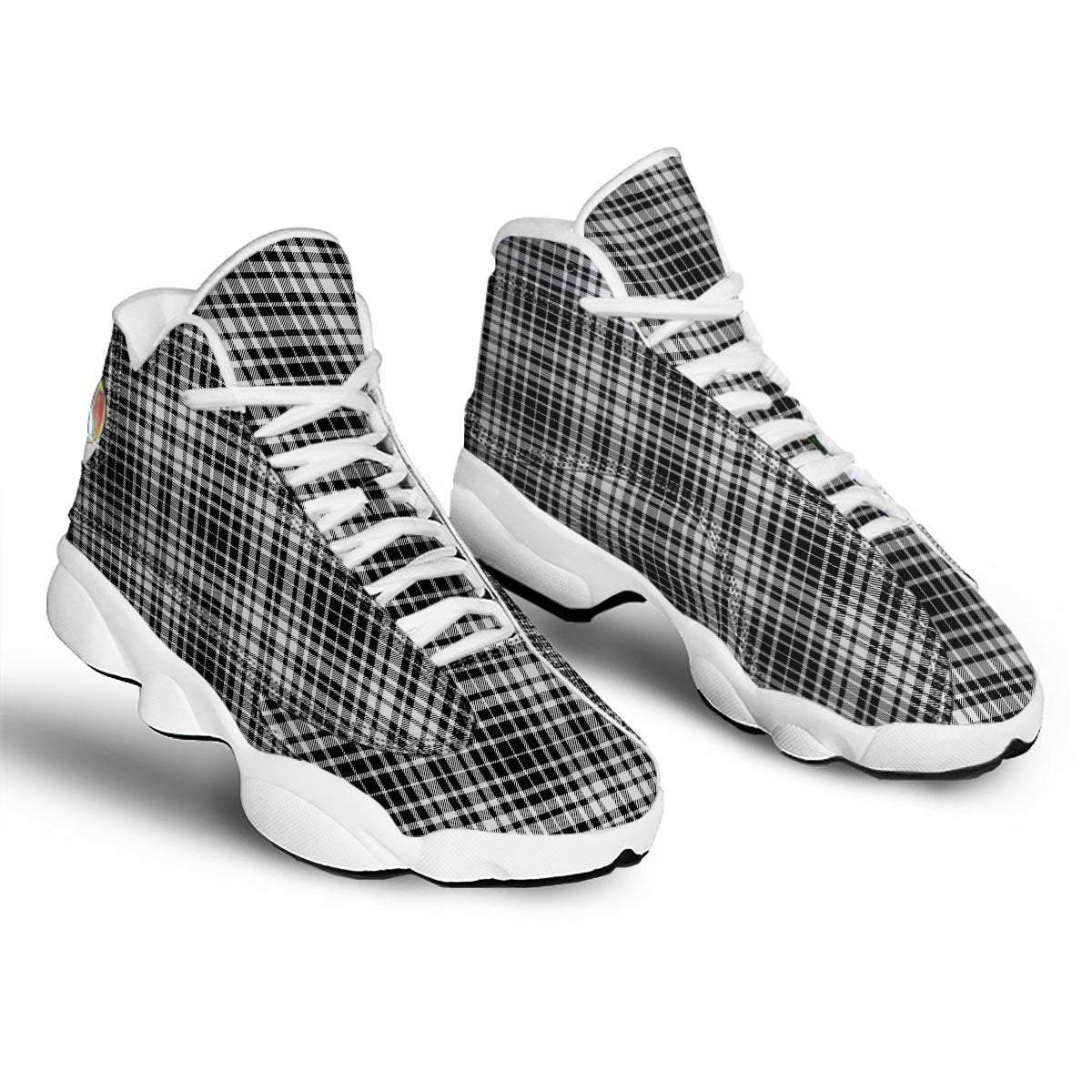 Border Tartan White And Black Print White Basketball Shoes-grizzshop