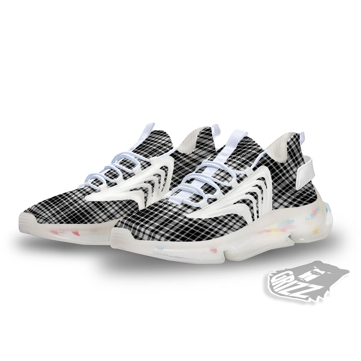Border Tartan White And Black Print White Gym Shoes-grizzshop
