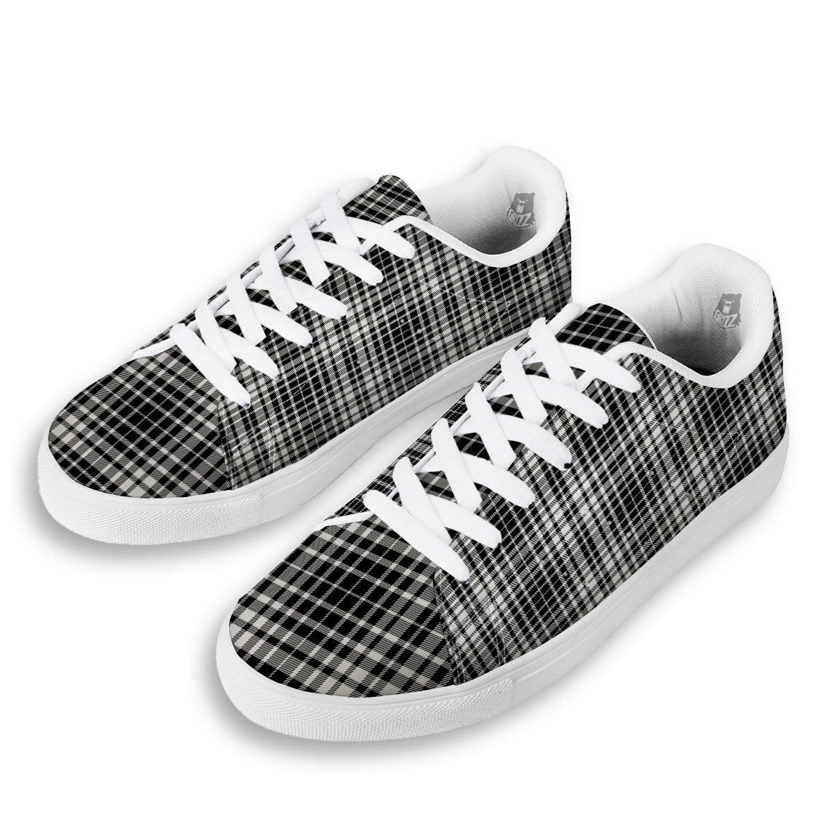 Border Tartan White And Black Print White Low Top Sneakers-grizzshop