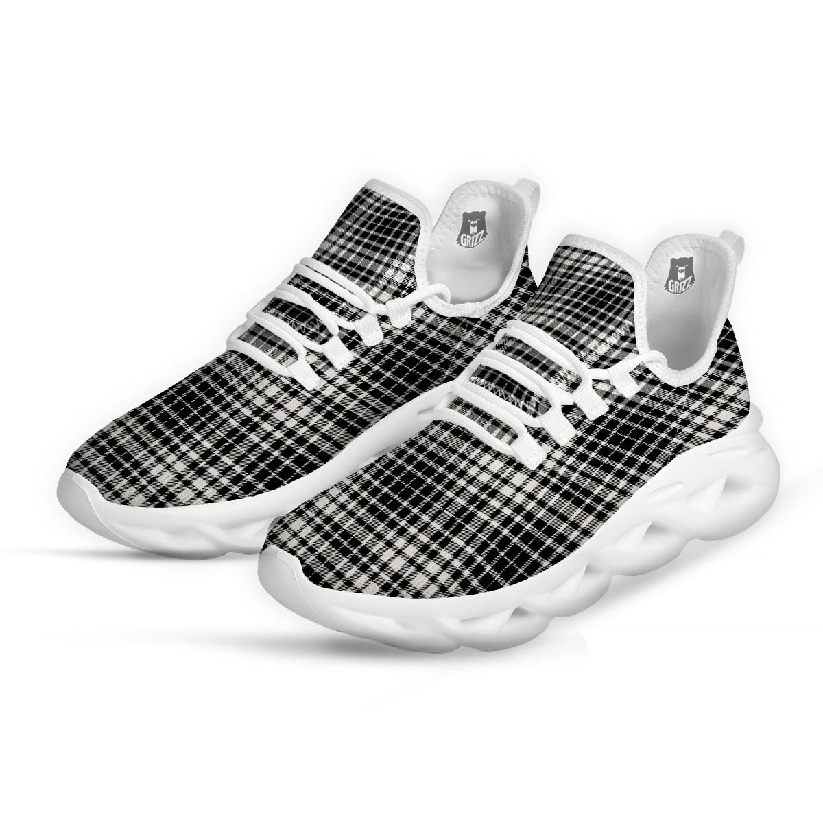 Border Tartan White And Black Print White Running Shoes-grizzshop
