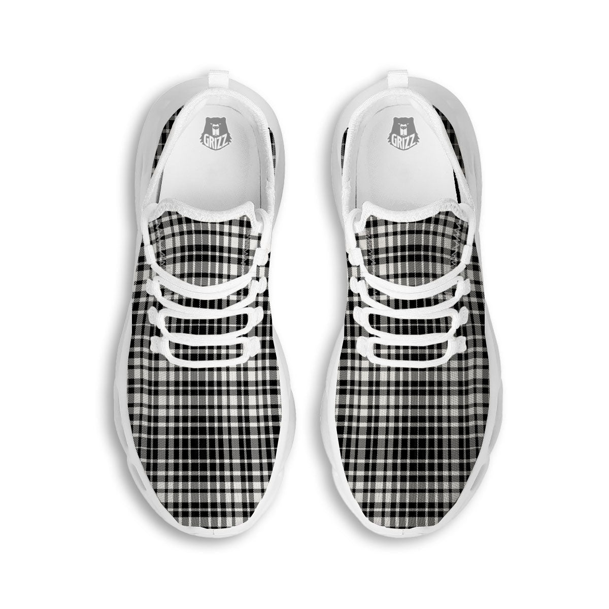 Border Tartan White And Black Print White Running Shoes-grizzshop