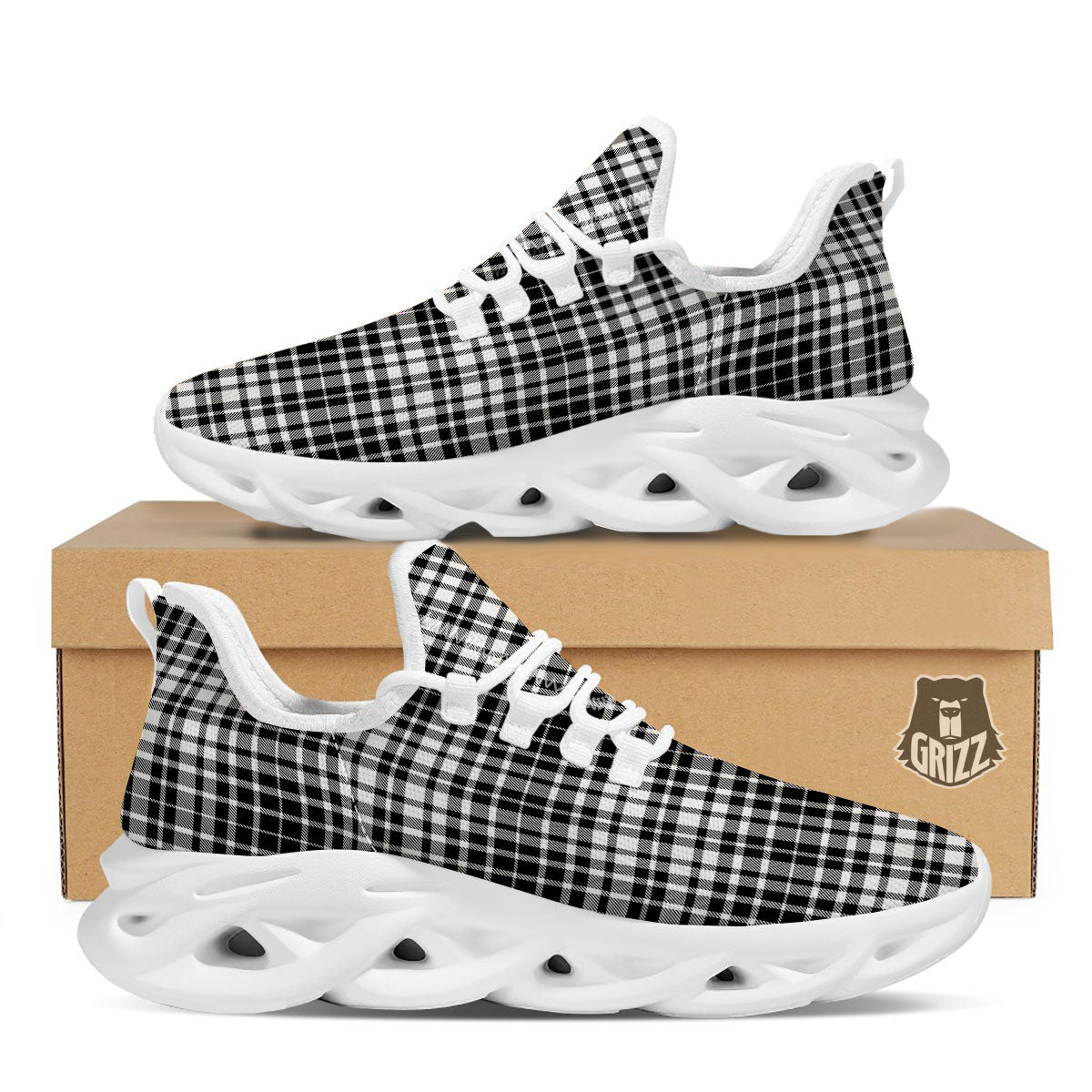 Border Tartan White And Black Print White Running Shoes-grizzshop