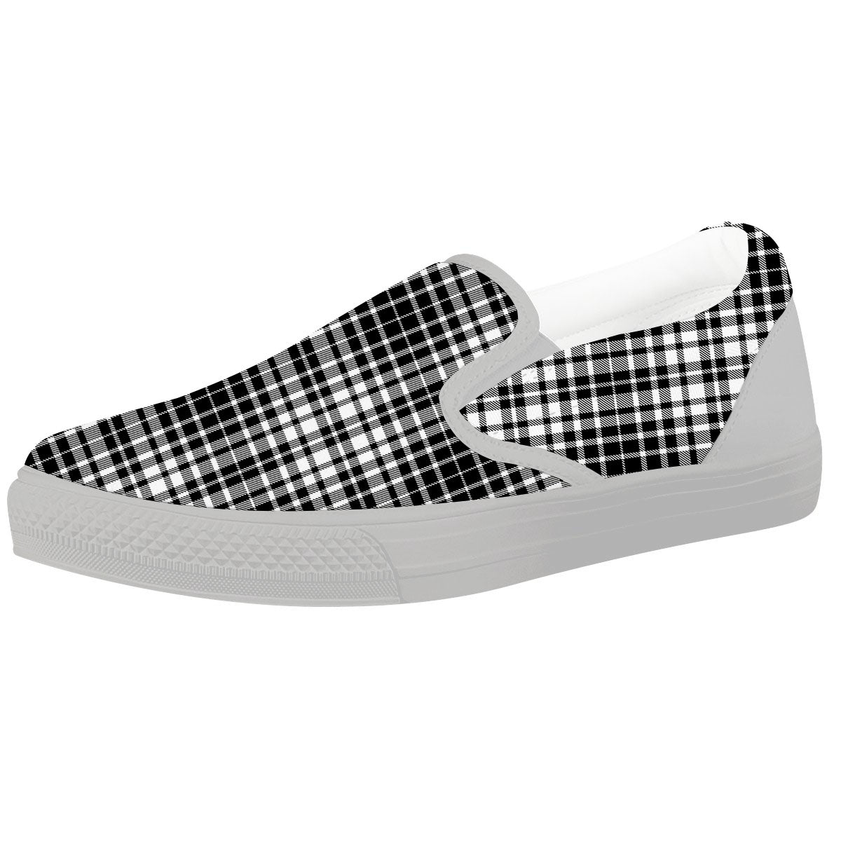Border Tartan White And Black Print White Slip On Shoes-grizzshop