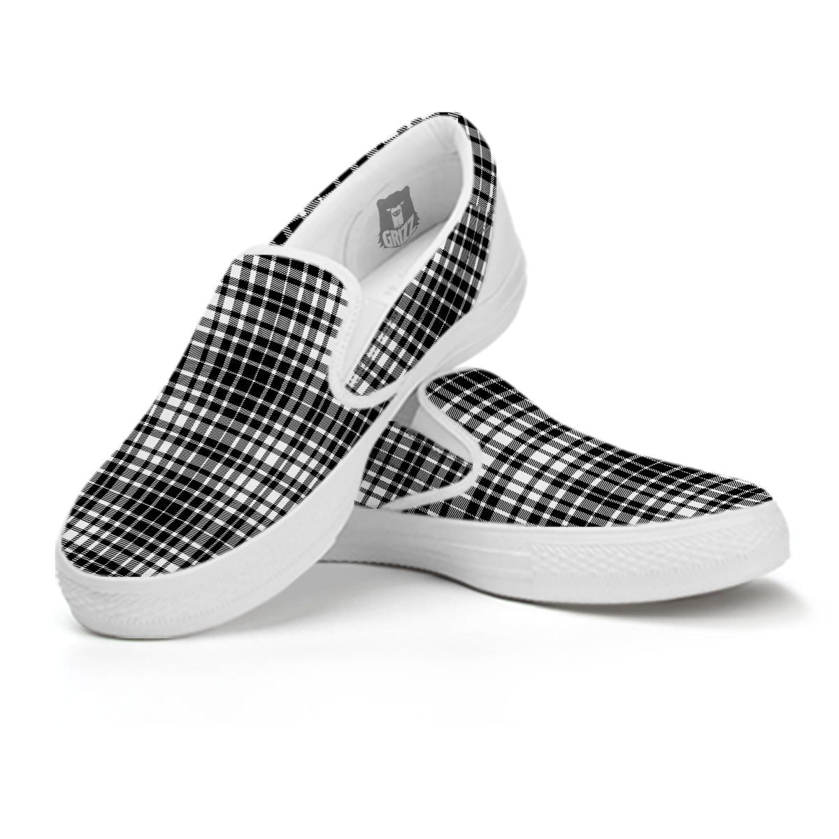 Border Tartan White And Black Print White Slip On Shoes-grizzshop