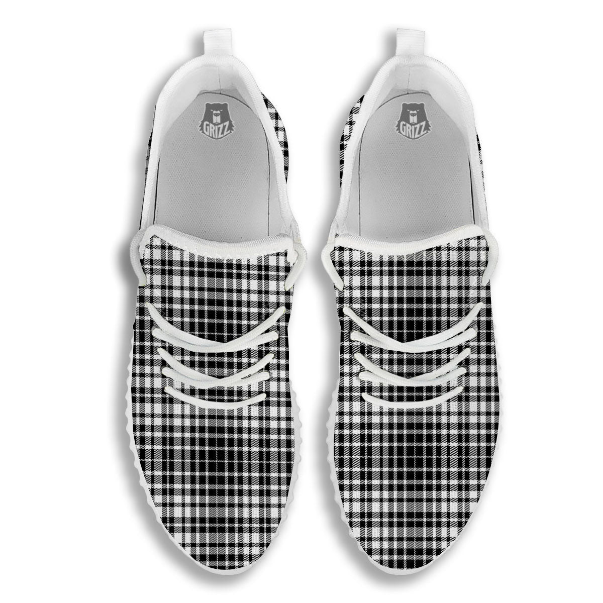 Border Tartan White And Black Print White Walking Shoes-grizzshop