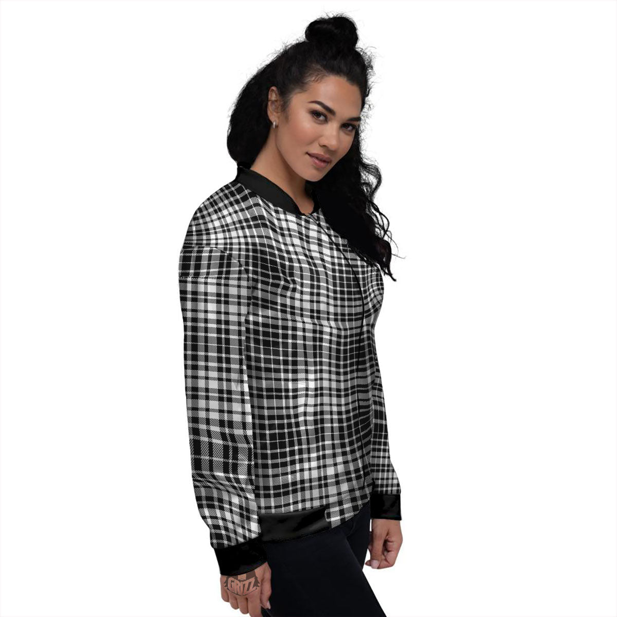 Border Tartan White And Black Print Women's Bomber Jacket-grizzshop