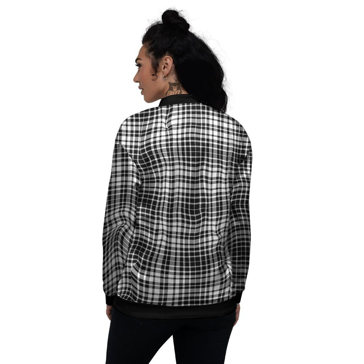 Border Tartan White And Black Print Women's Bomber Jacket-grizzshop