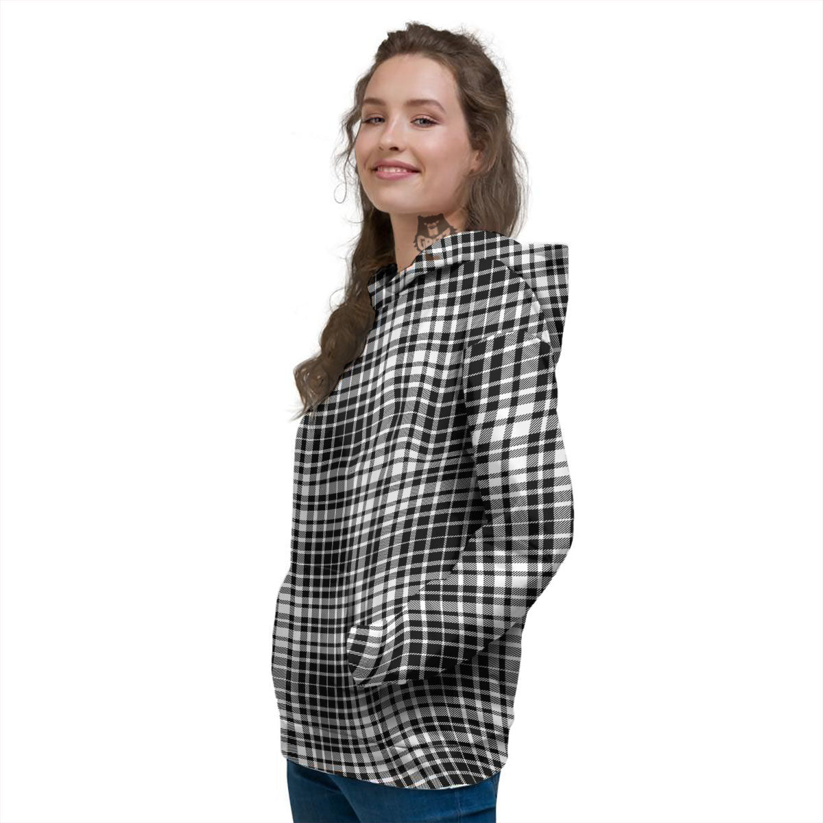 Border Tartan White And Black Print Women's Hoodie-grizzshop