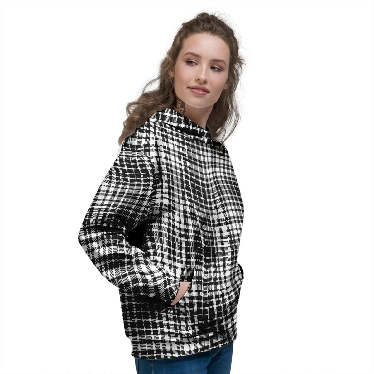 Border Tartan White And Black Print Women's Hoodie-grizzshop