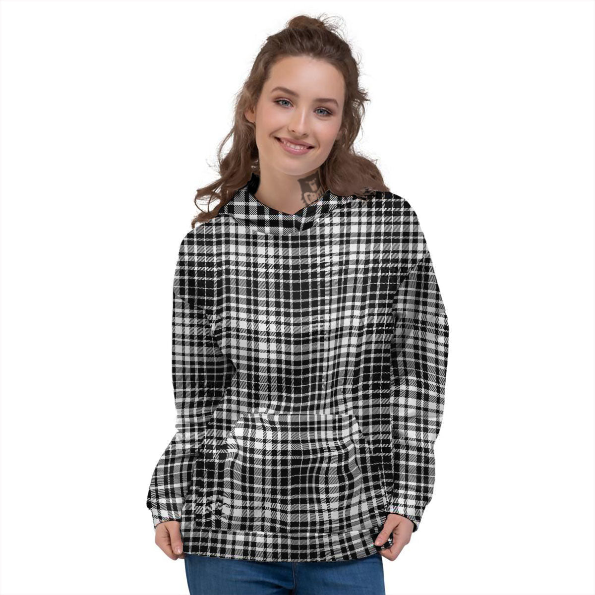 Border Tartan White And Black Print Women's Hoodie-grizzshop