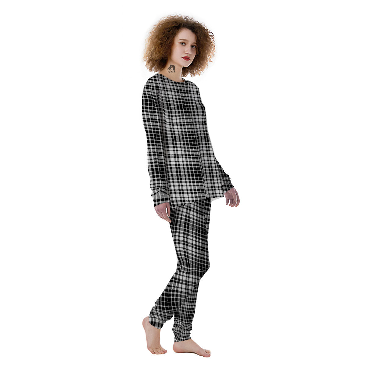 Border Tartan White And Black Print Women's Pajamas-grizzshop