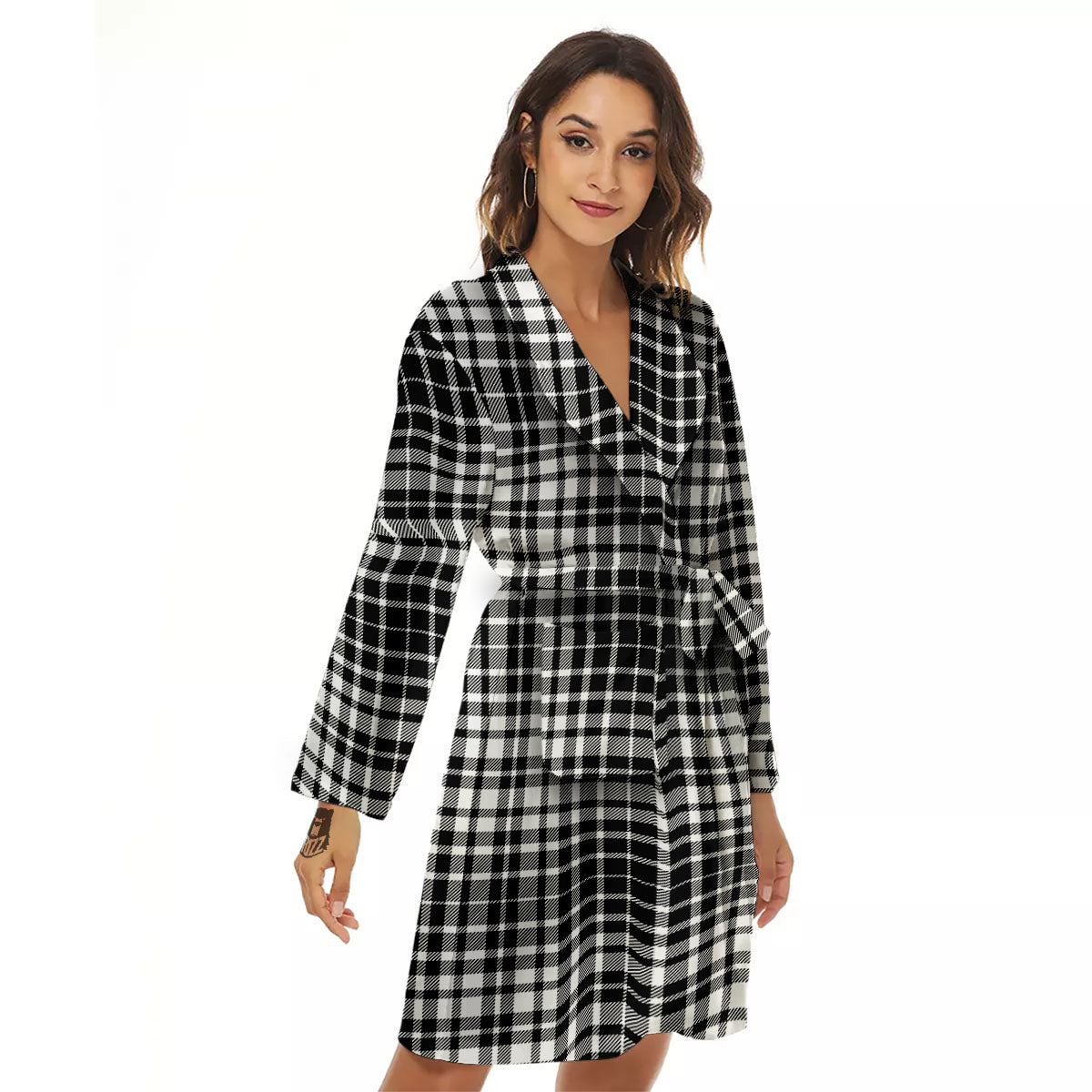 Border Tartan White And Black Print Women's Robe-grizzshop