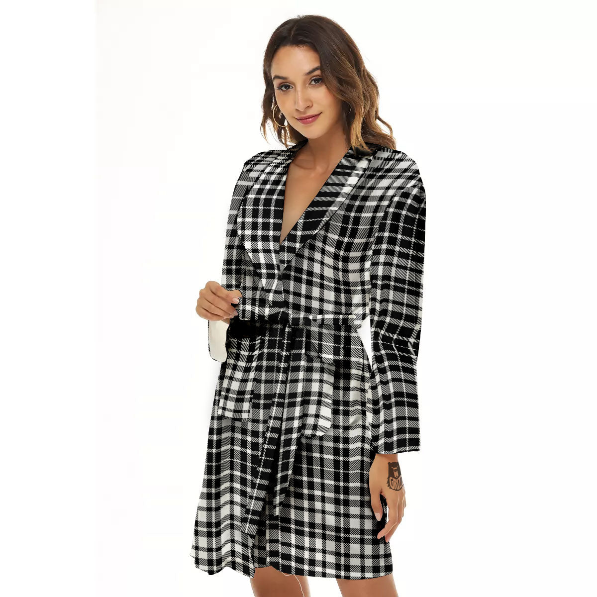 Border Tartan White And Black Print Women's Robe-grizzshop