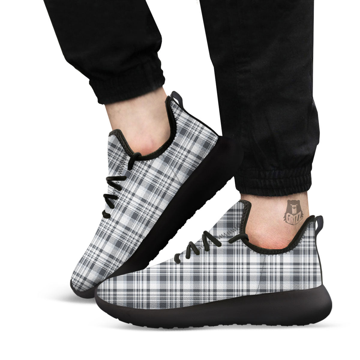 Border Tartan White And Grey Print Black Athletic Shoes-grizzshop
