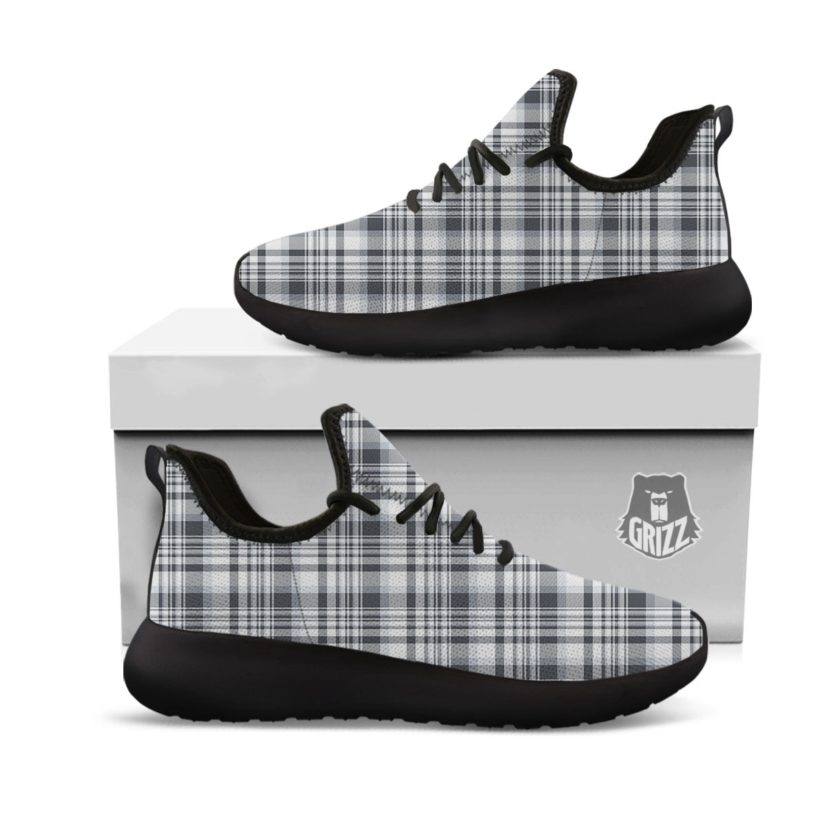 Border Tartan White And Grey Print Black Athletic Shoes-grizzshop